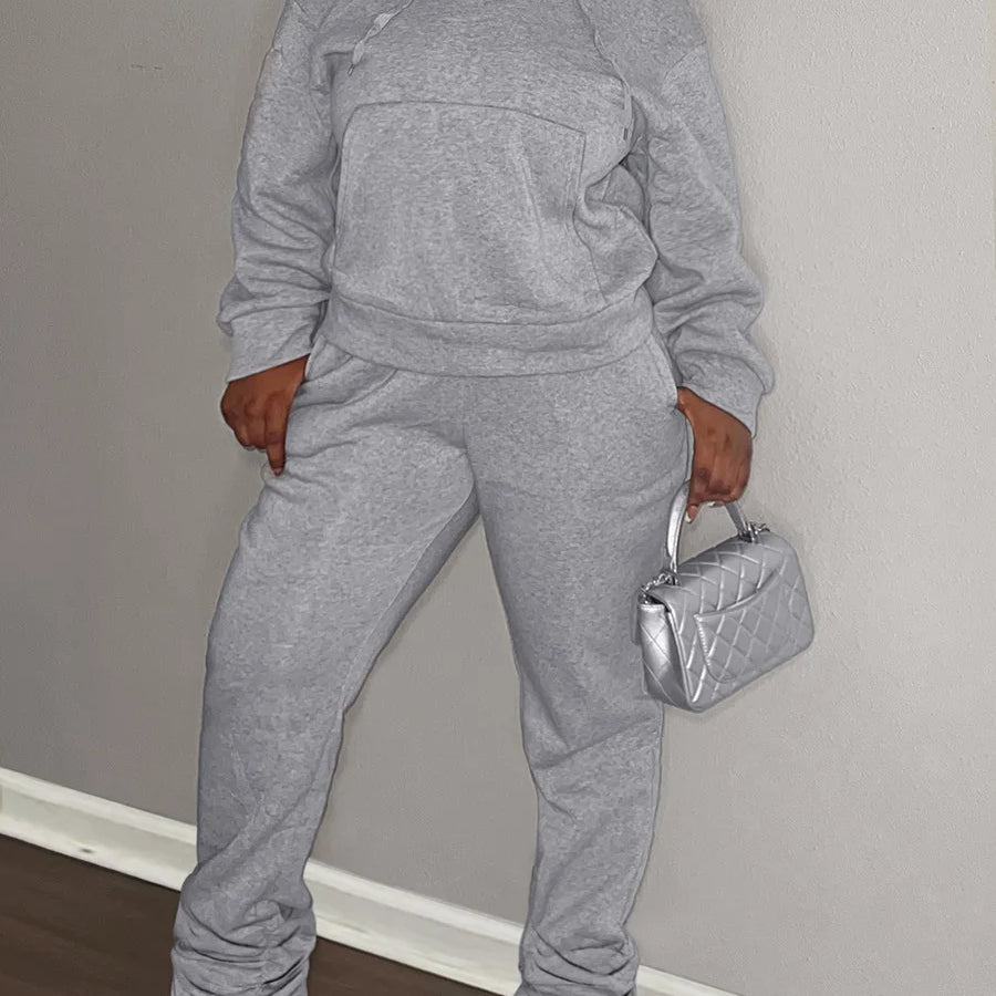 LW Plus Size Two pieces sets Hooded Collar Kangaroo Pocket Hoodie Top + Stacked pants sets casual Tracksuit Set for Autumn winte GRAY