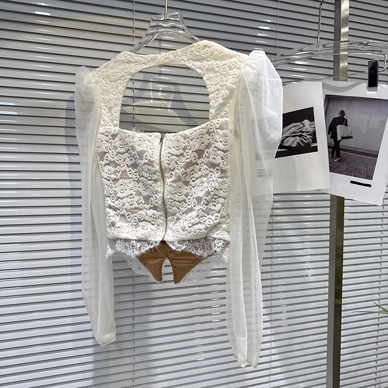 Winter New Fashion Square Neck Mesh Sleeve Fishbone Waist Slim Fit Lace Blouse For Women Backless Shirts 11A07517