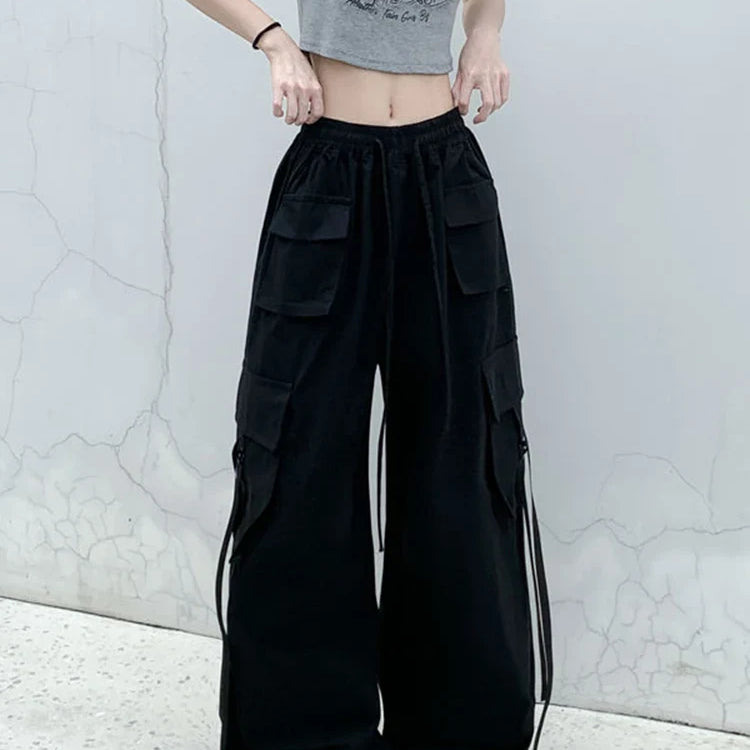 Zoki Pure Cotton Harajuku Cargo Pants Women Vintage Streetwear Oversize Bf Trousers Retro Pockets Casual Hip Hop Straight Pants