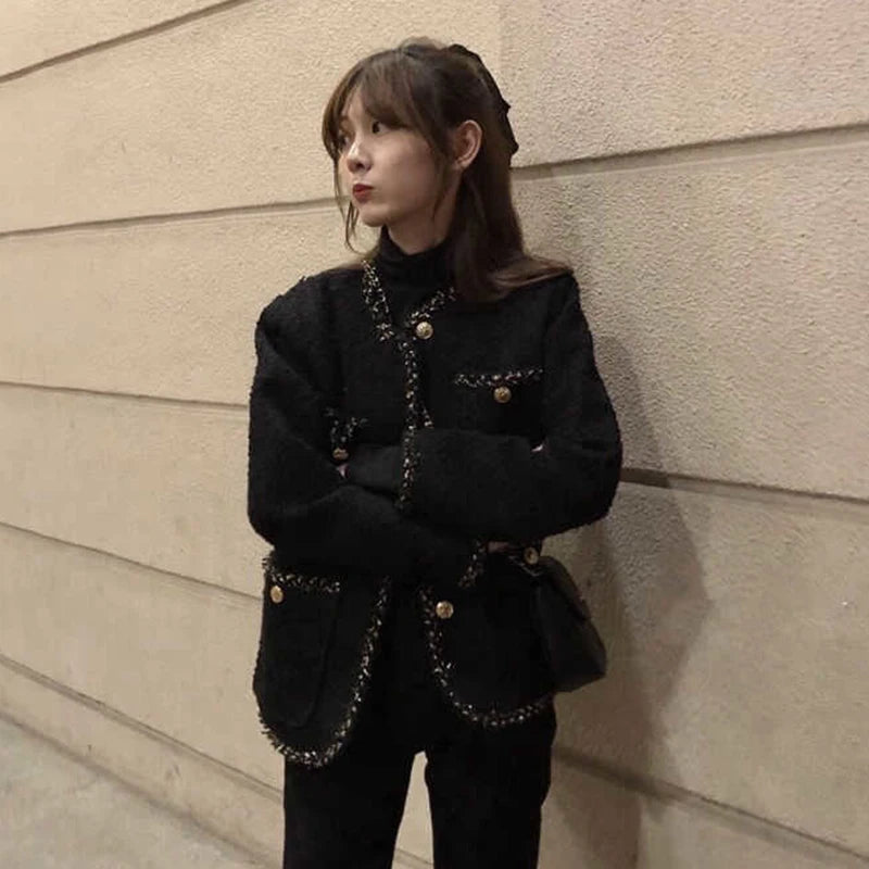 Warm Wool Tweed Jacket Coats Women Winter Korean Style Black Long Sleeve Jackets Woman Pockets Single-Breasted Outwear Lady