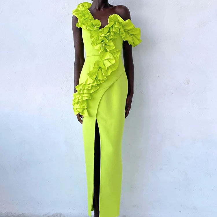 Women Sexy One Shoulder Ruffles Neon Green Split Maxi Long Bandage Maxi Dress Elegant Evening Club Party Cocktail Outfits