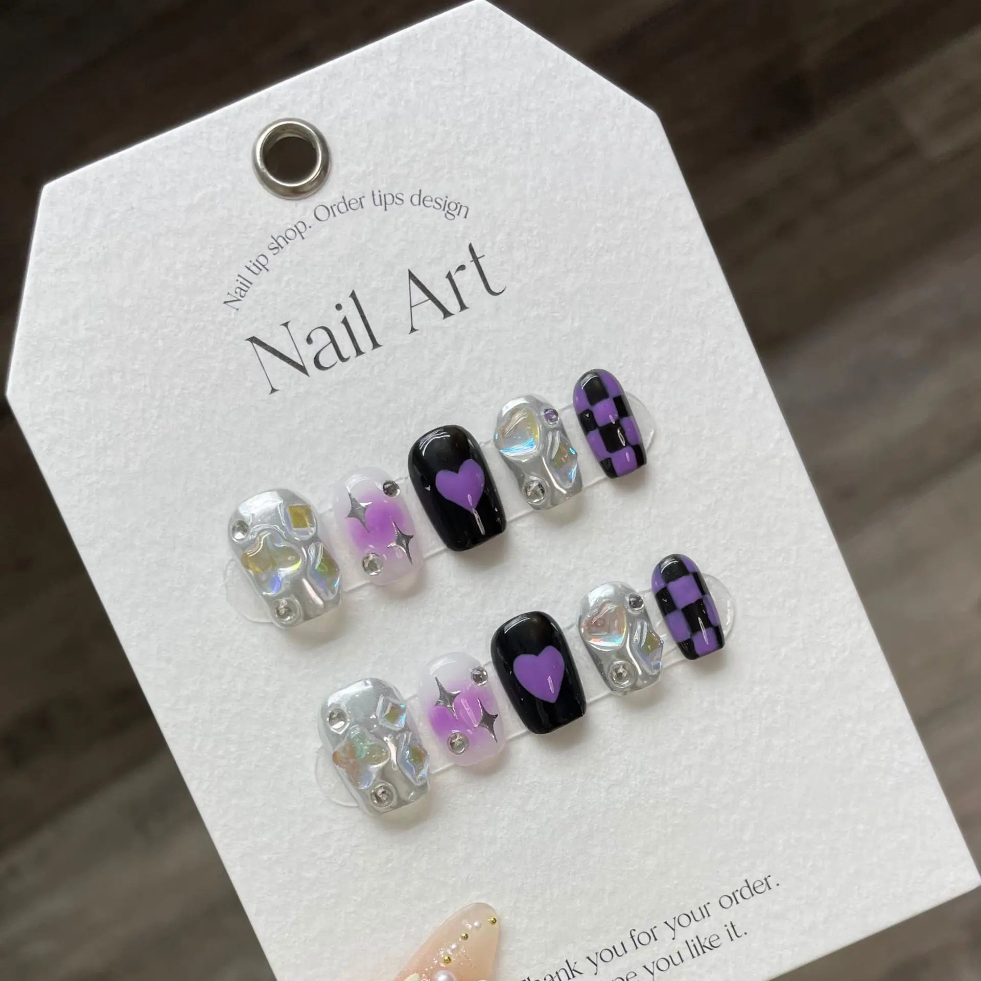 10Pcs Sweet Cool Black Pink Handmade False Nails Cat Eye Checkered Gel Nails with Glue Shimmery Heart Press on Acrylic Nail Tips