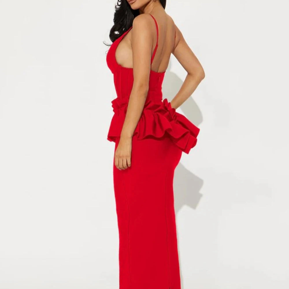 Sexy Women Long Bandage Dress Ruffle Sleeveless Slim Solid Summer Party Fishbone Maxi Dress Clubwear Female Vestido Outfits