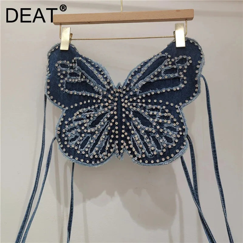 DEAT 2026 Spring Fashion New Halter Neck Strap Denim Vest For Women Backless Tie Rhinestone Butterfly Design Tank Top 11A07882