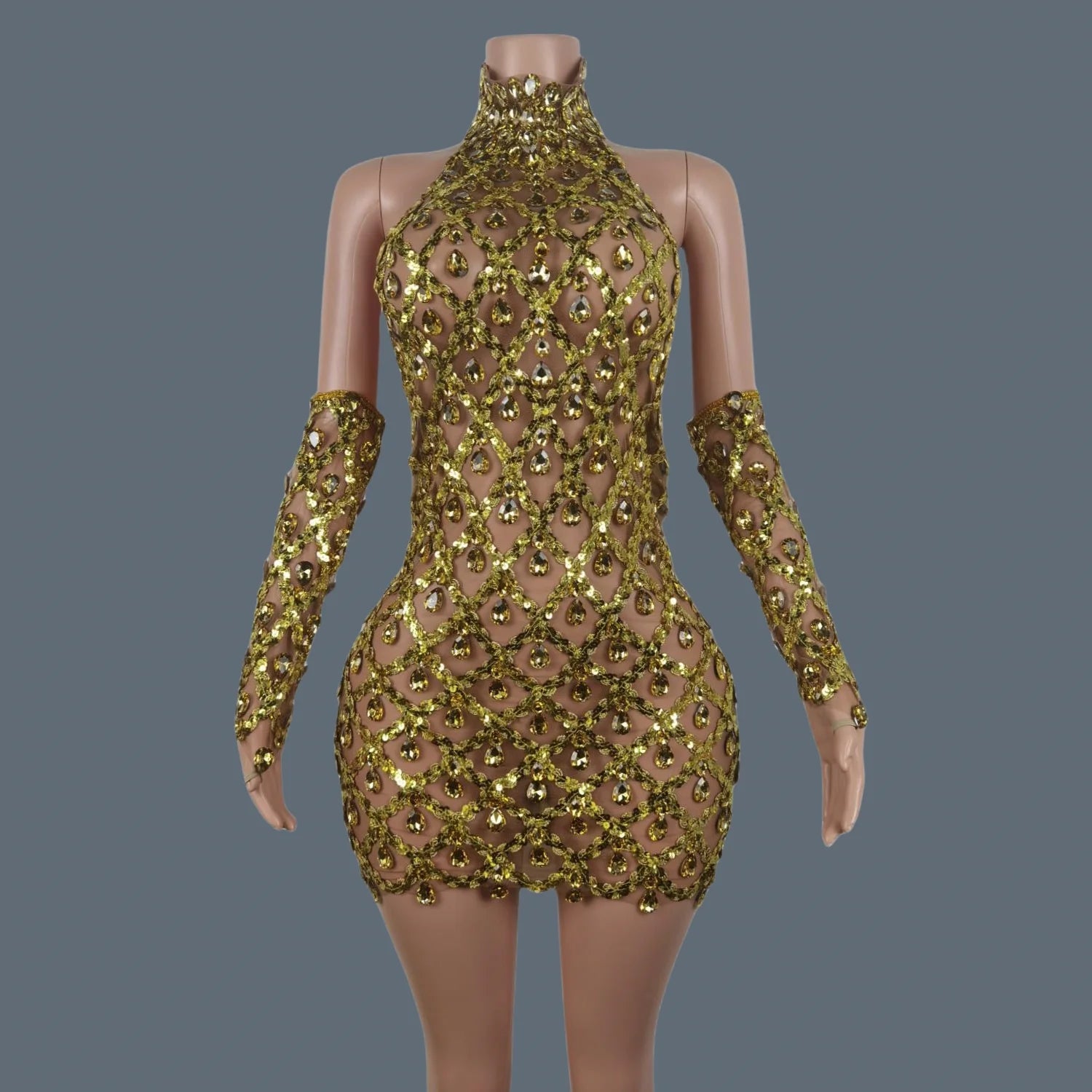 Sparkly Sequins Crystals Summer Mini Dress Sexy Sleeveless See Through Mesh Women Party Dress Event Singer Show Wear Shaokaojia gold with gloves One Size