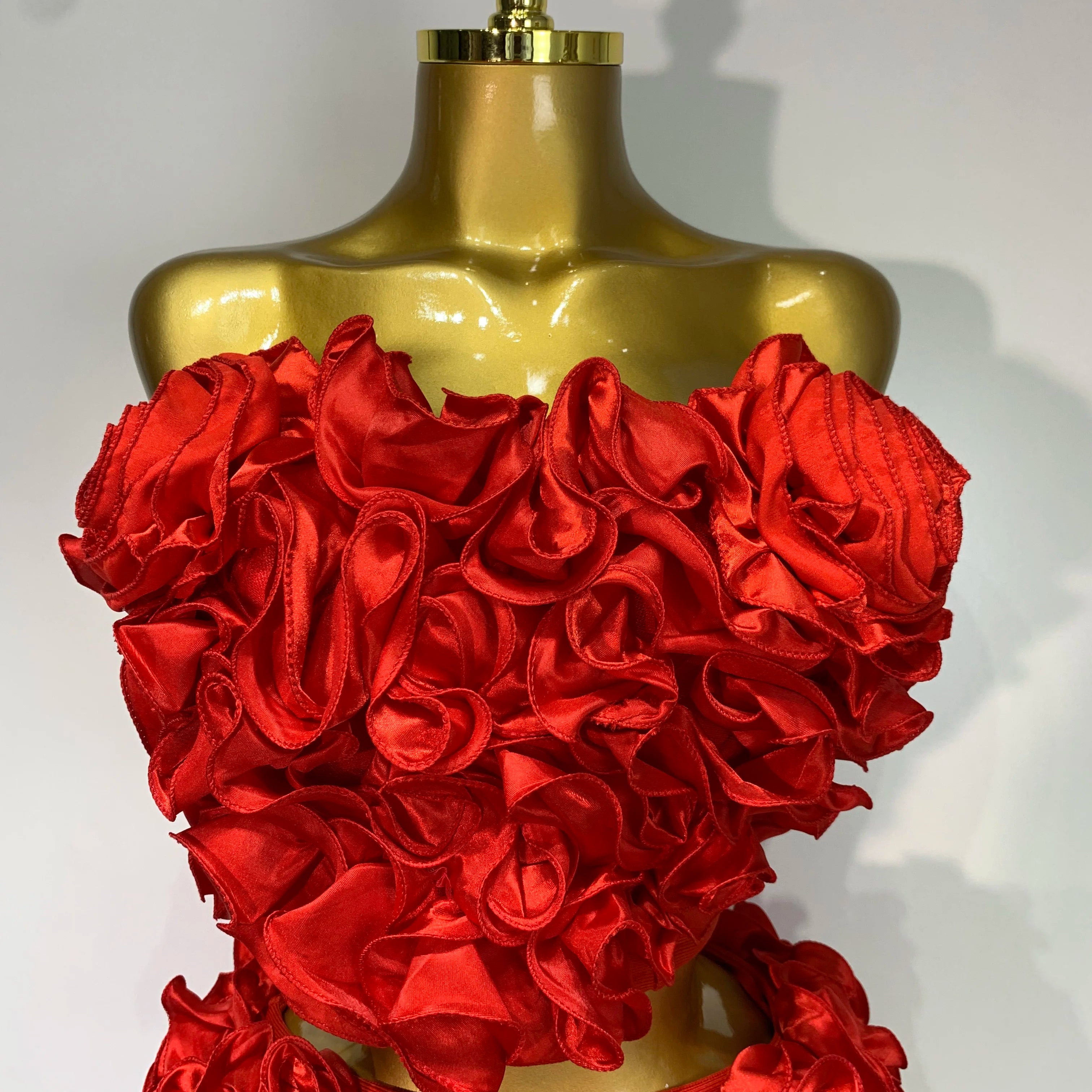 Women Sexy Strapless Red flower Top With Mini Skirt Bodycon Bandage Suit Celebrity Party Cocktail Birthday Two Pieces Set