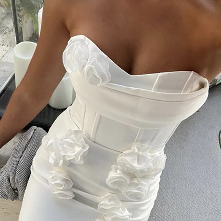 Women Celebrity Sexy Strapless Backless Flower White Maxi Long Bodycon Bandage Dress 2024 Elegant Evening Club Party Dress