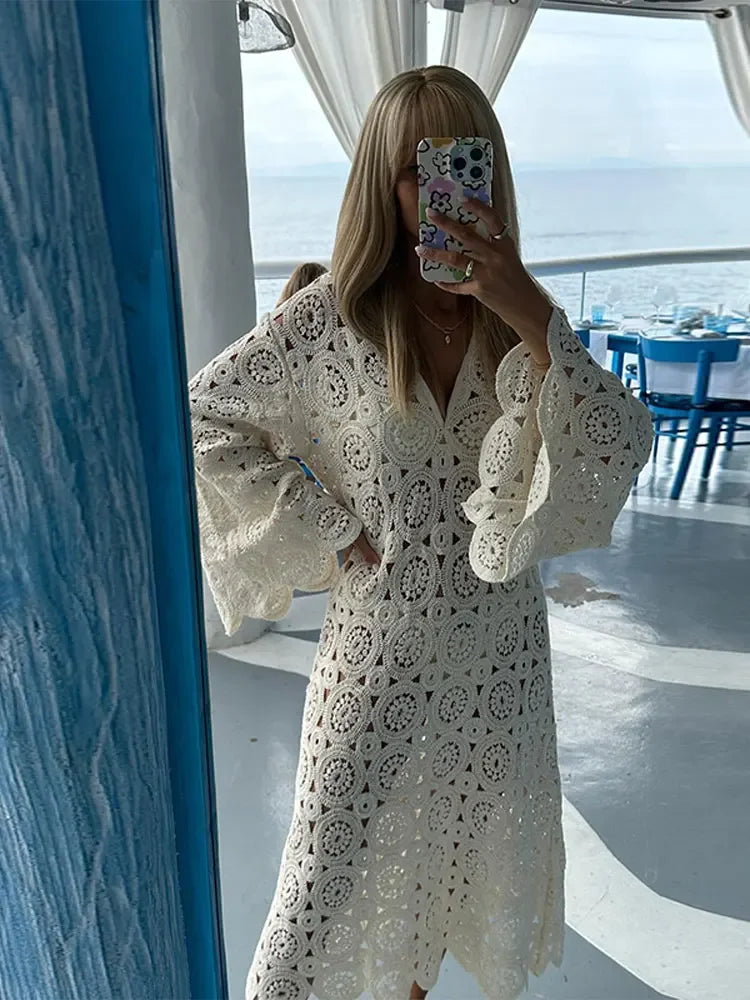 Casual Knit Hollow Out Patchwork Maxi Dress For Women O-neck High Waist Drawstring Lantern Sleeve Dresses Summer Beach Lady Robe White