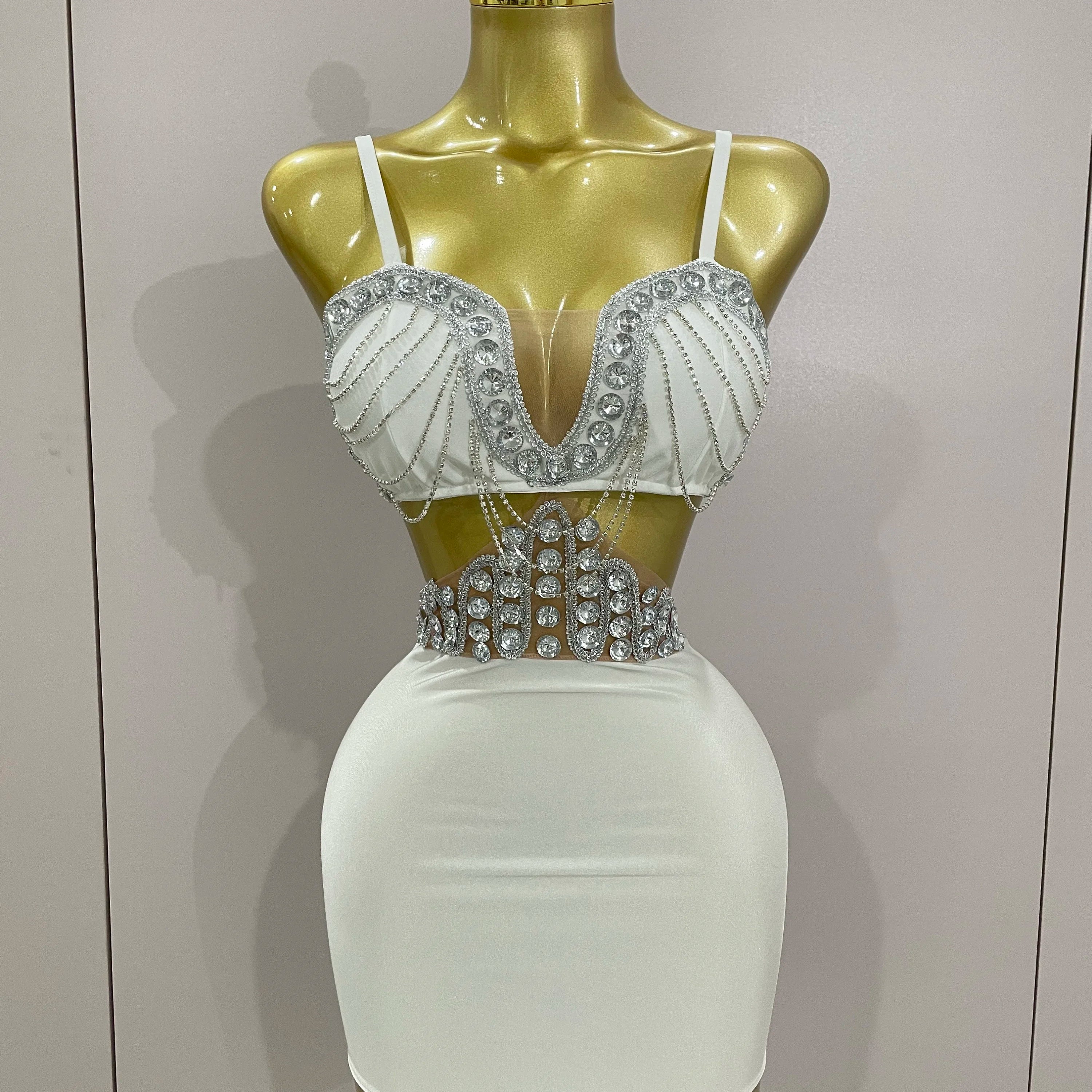 STOCK Luxury Shiny Diamond Chain White Sexy Sleeveless Bodycon Mini Dress 2025New Evening Birthday Party Nightclub Stage Costume WHITE