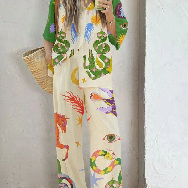 2 Piece Sets Women Outfit Summer New Bohemian Style Printing Half Sleeve Shirt Suits Fashionable Casual Loose Wide Leg Pant Set white