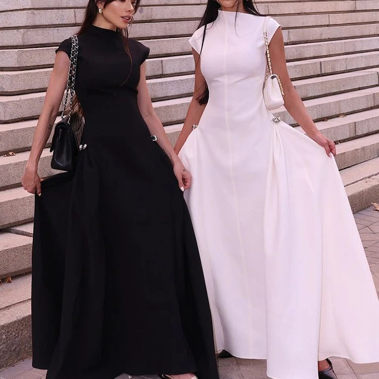 VC Casual Dress For Women Asymmetrical Collar Sleeveless High Waist Metal Button Pin Embellished Elegant Cocktail Party Wear