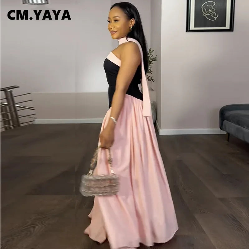 Women Fashion Halter Neck Pleated Big Swing High Waist Maxi Long Dress 2025 Summer Party Night Club Vestidos Dresses