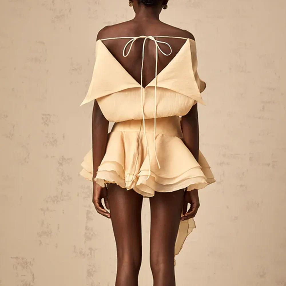 Solid Loose Spliced Ruffles Mini Dresses for Women Slash Neck Sleeveless Patchwork 3D Flower Dress Female Clothing