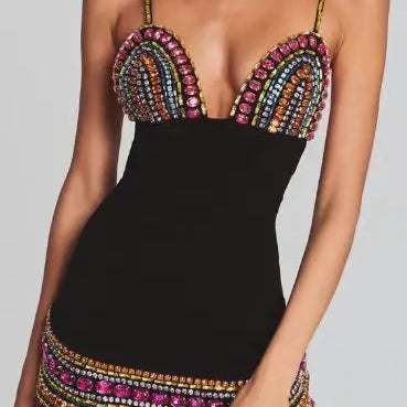 STOCK Colorful Diamonds Sexy V-Neck Spaghetti Strap Mini Bandage Dress Fashion Woman Evening Dress Holiday Vocation Vestido black