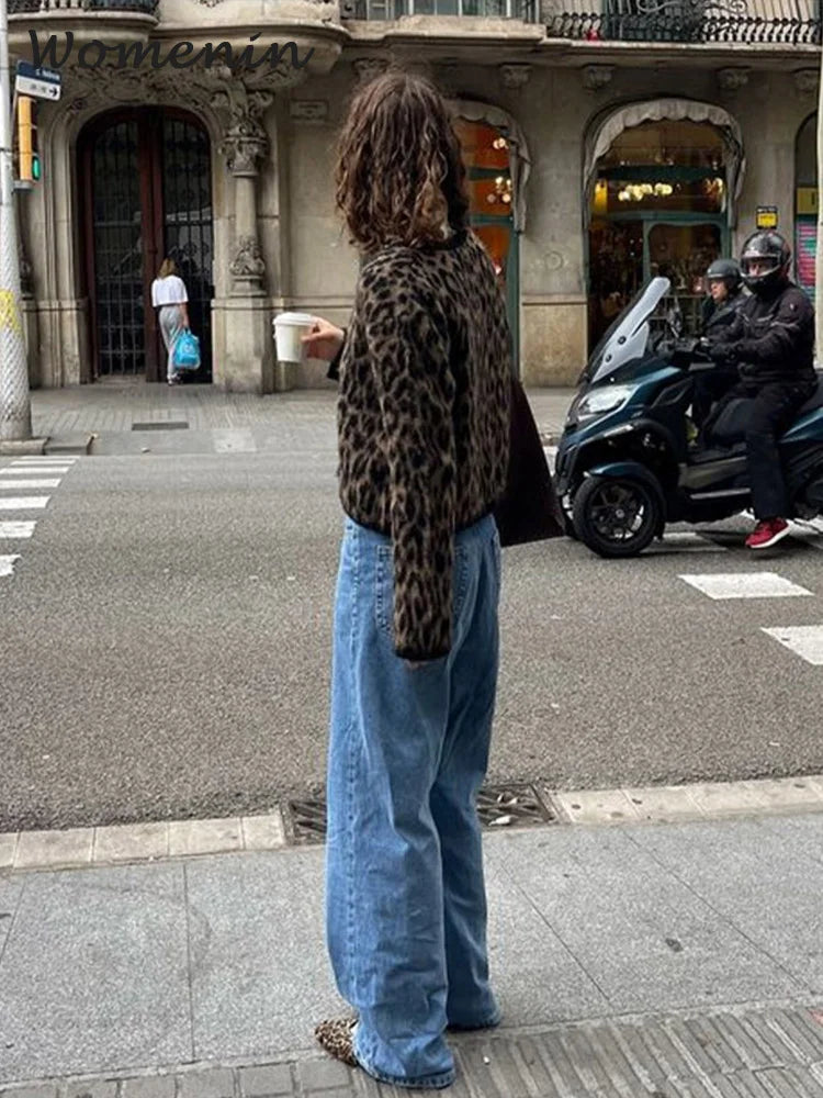 Vintage Leopard Print Mohair Women Cardigans Knitted O-neck Single Breasted Short Sweater Autumn Lady Casual Streetwear New