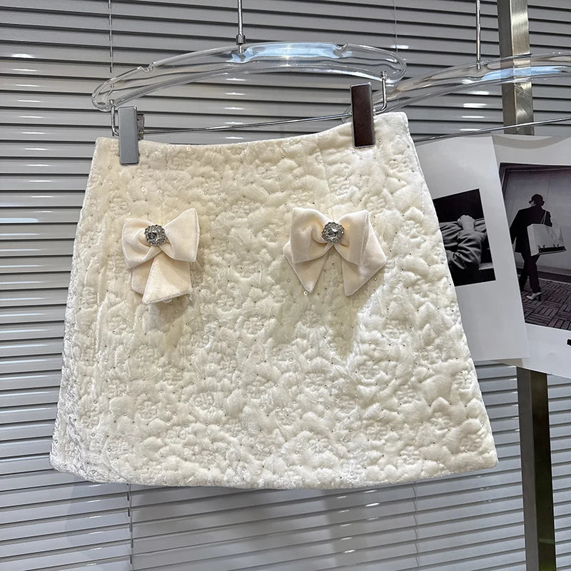 Winter New Fashion Elegant Rhinestone Velvet Quilted Jacket Bowknot Short Skirt Two-pieces Set For Women 11A07528