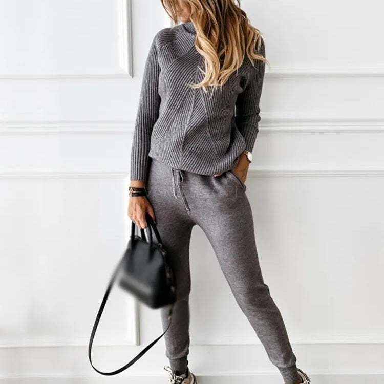 TYHRU Autumn Winter Women's tracksuit Solid Color Striped Turtleneck Sweater and Elastic Trousers Suits Knitted Two Piece Set