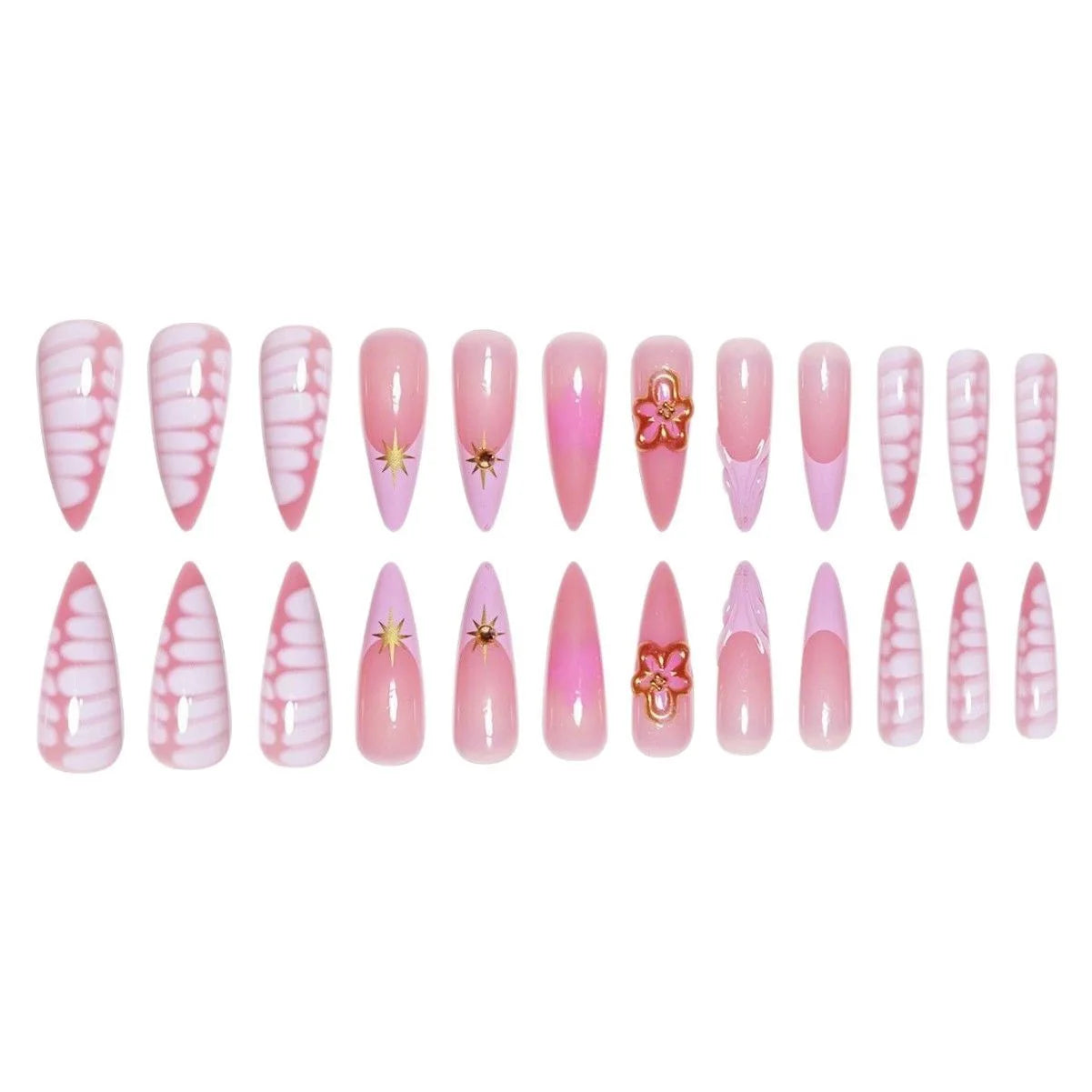 24pcs Pink French Press on Nails Spice Girl 3d Flowers Decor False Nails Wearable Reusable Crocodile Print Almond Fake Nail Tips