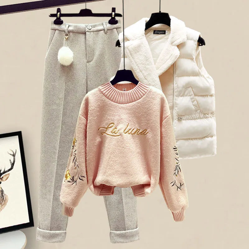 Winter Warm 3 Piece Set Suit Women Knitted Letter Pullover Sweater Sweatpants Lamb Wool Vest Tracksuit Female Outfit Outerwear