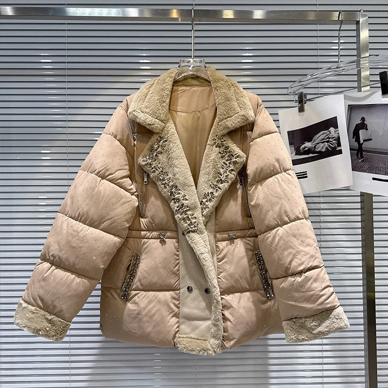 Winter New Fashion Elegant Rhinestone Fleece Drawstring Waist Warm Coat For Women Cotton-padded Jacket Female 11A07514 Khaki One Size