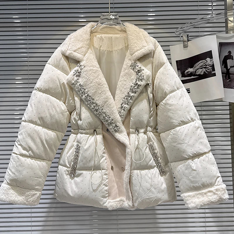 Winter New Fashion Elegant Rhinestone Fleece Drawstring Waist Warm Coat For Women Cotton-padded Jacket Female 11A07514 Creamy-white One Size