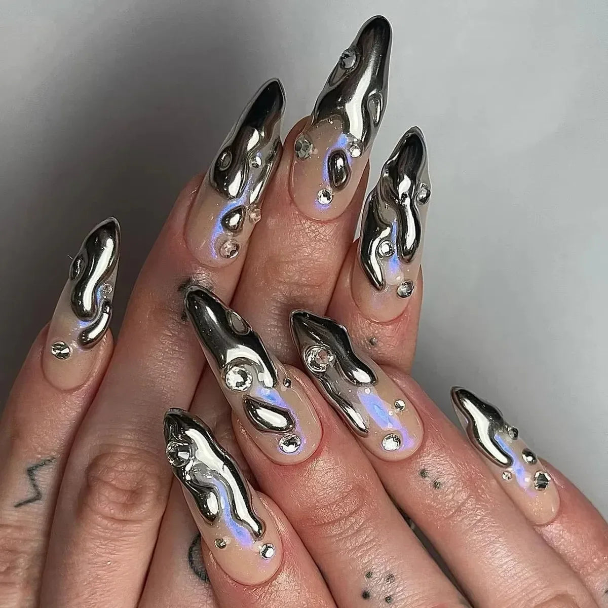 Exaggerate Punk Extra Long Pointed Fake Nails Art Dark Y2K Black Spider Centipede Rhinestone False Nail Press on Nails Manicure MT2492JP3427
