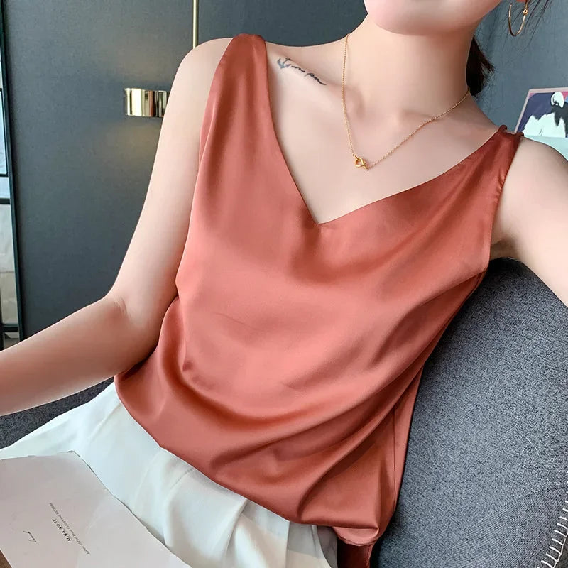 Ice Silk Camisole Women's V-neck Tops White Satin Camis Mulberry Summer Ladies' Crop Top Women Solid Blouse Vest Brick red