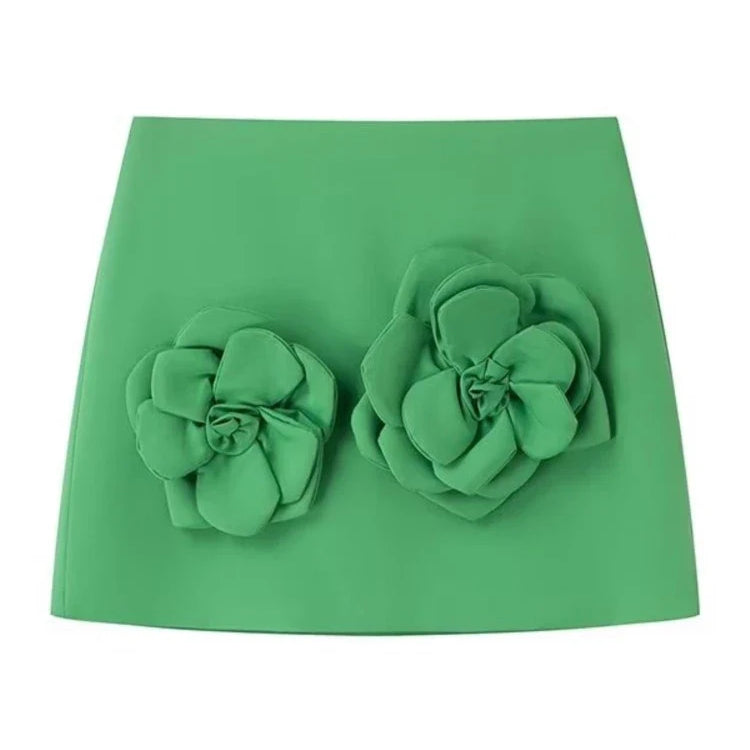 Aonibeier 3D Flowers Women Mini Skirt Suits Traf Summer Sleeveless Blouse Female Crop Top Extreme Short Skirt Sets Y2K