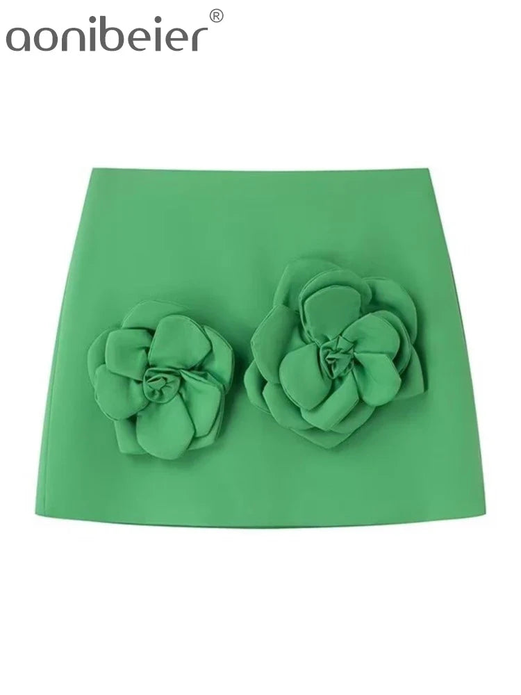 Aonibeier 3D Flowers Women Mini Skirt Suits Traf Summer Sleeveless Blouse Female Crop Top Extreme Short Skirt Sets Y2K