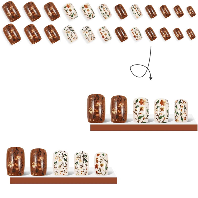 24Pcs Short Square Head Fake Nails Leaf False Nails with Flowers Simple French Tips Wearable Summer Full Cover Press on Nails