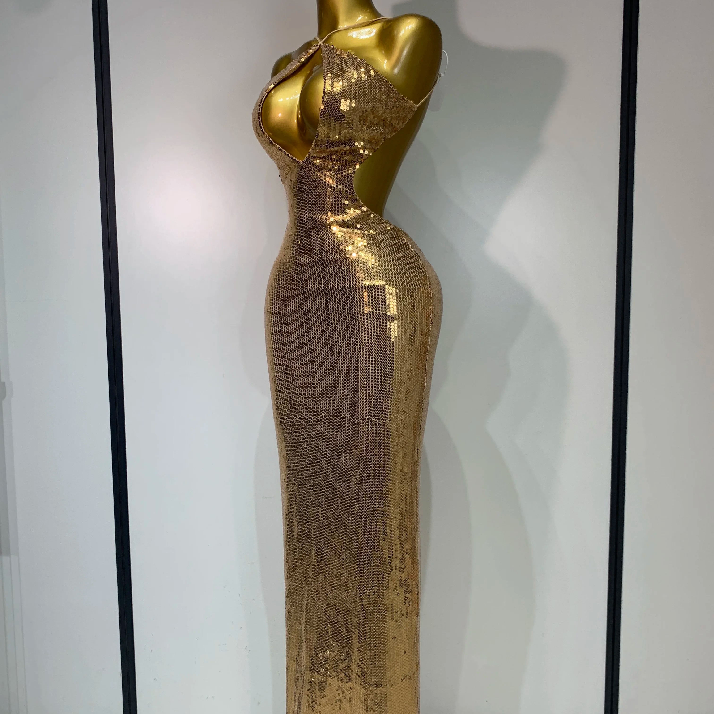 Luxury Sexy Backless Halter Gold Glitter Sequins Maxi Long Dress Elegant Sparkly Evening Party Club Dress Wedding Guest Gown