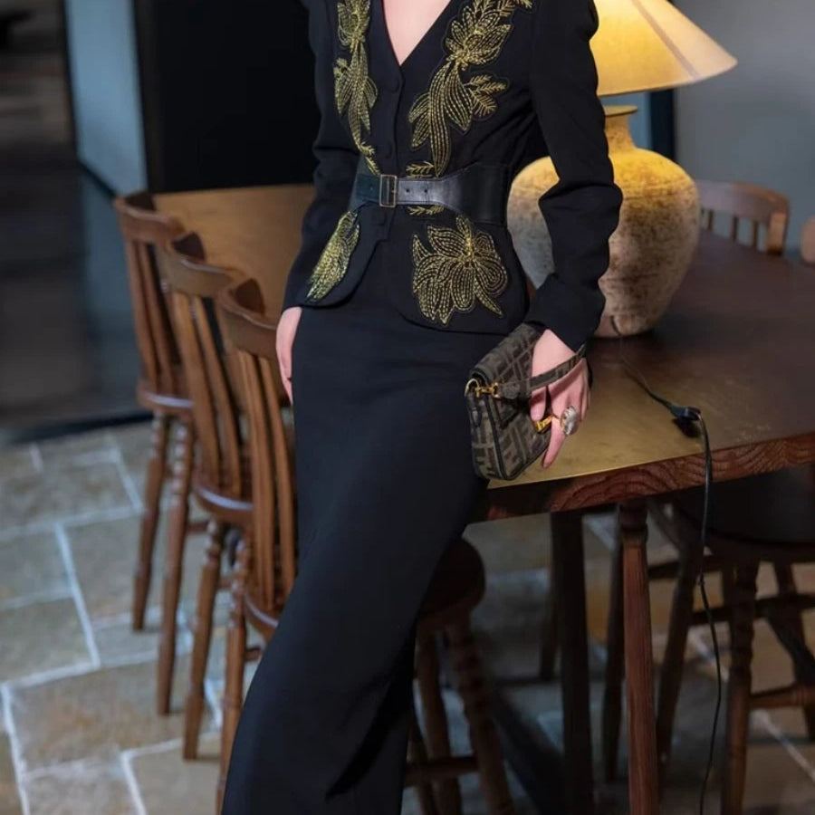 Solid Spliced Appliques Two Piece Sets for Women V Neck Long Sleeve Top High Waist Split Skirts Elegant Set Female