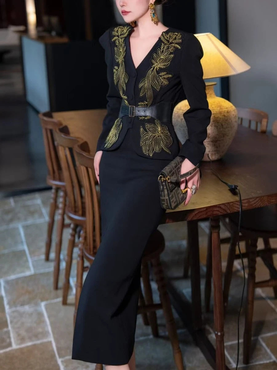 Solid Spliced Appliques Two Piece Sets for Women V Neck Long Sleeve Top High Waist Split Skirts Elegant Set Female