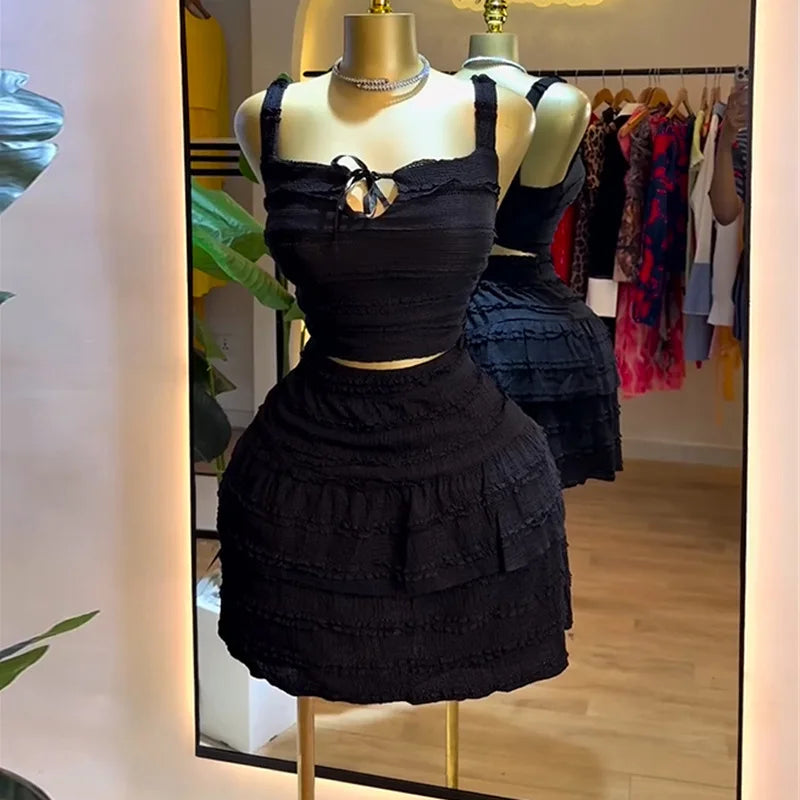 Beach Boho Women's Set Strap Sleeveless Tank Top and Ruched Mini A-line Skirts Two 2 Piece Sets 2025 Summer Outfits Black One Size