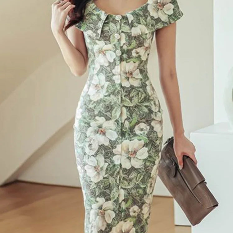 ZANZEA Summer Slimming Sundress Elegant Wrap Hips Dress Women Ruffle Flower Printed Mini Dress Holiday Short Sleeve Buttons Robe Green