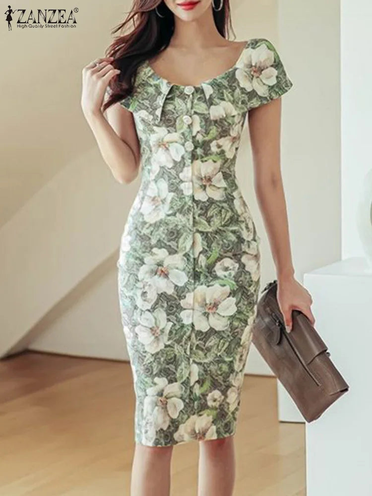 ZANZEA Summer Slimming Sundress Elegant Wrap Hips Dress Women Ruffle Flower Printed Mini Dress Holiday Short Sleeve Buttons Robe Green