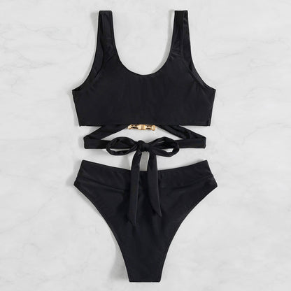 Sexy Black Bandage Bikini High Cut Tied Hollow Thong - Push Up Swimwear Biquinis Beach Bathing Suit