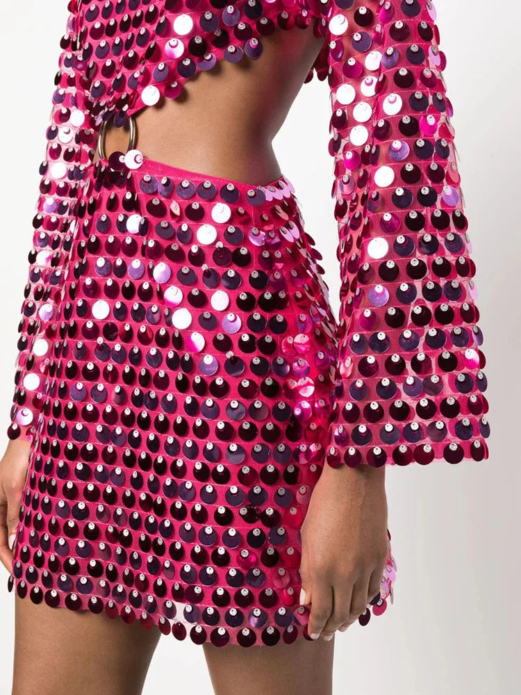 DEAT Fashion Trendy Women's Hollow Out Sequins Irregular Dress Spring New O-neck Long Sleeves Dresses Female 33A1208