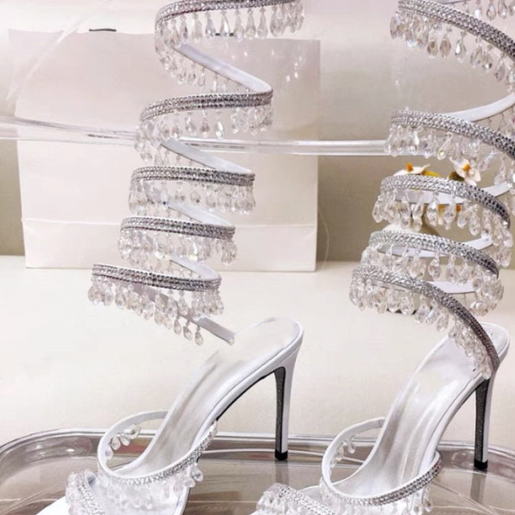 Women's New Rhinestone Sandals Fashion Tassel Crystal Shoes Sexy Nightclub Banquet Party Twining Stiletto Women's Sandals White long style