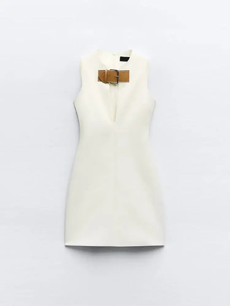 Elegant Solid Slim Sleeveless White Mini Dress Women Sexy Hollow Out Leather Buckle Short Vestidos Chic Ladies Streetwear White