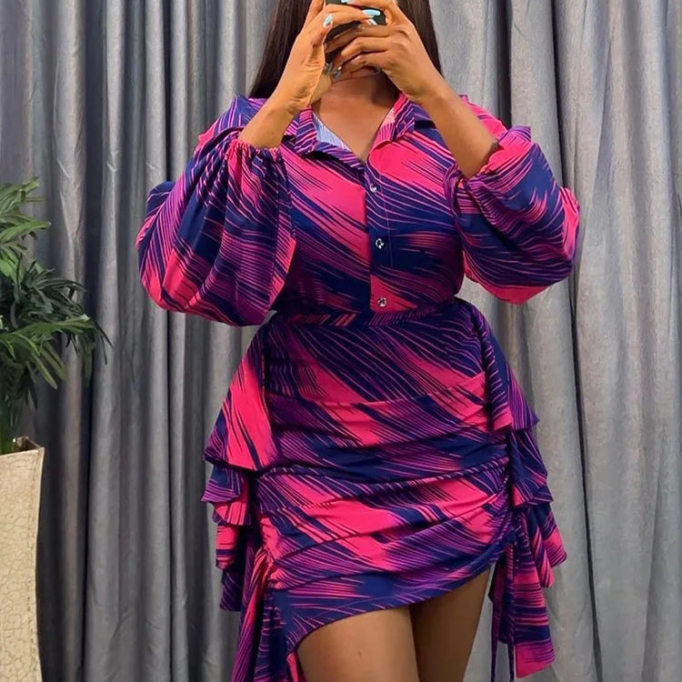 Elegant Striped Printed Ruffles Side Mini Skirts and Long Sleeve Shirt Tops Women Two 2 Piece Sets Birthday Festivals Outfits