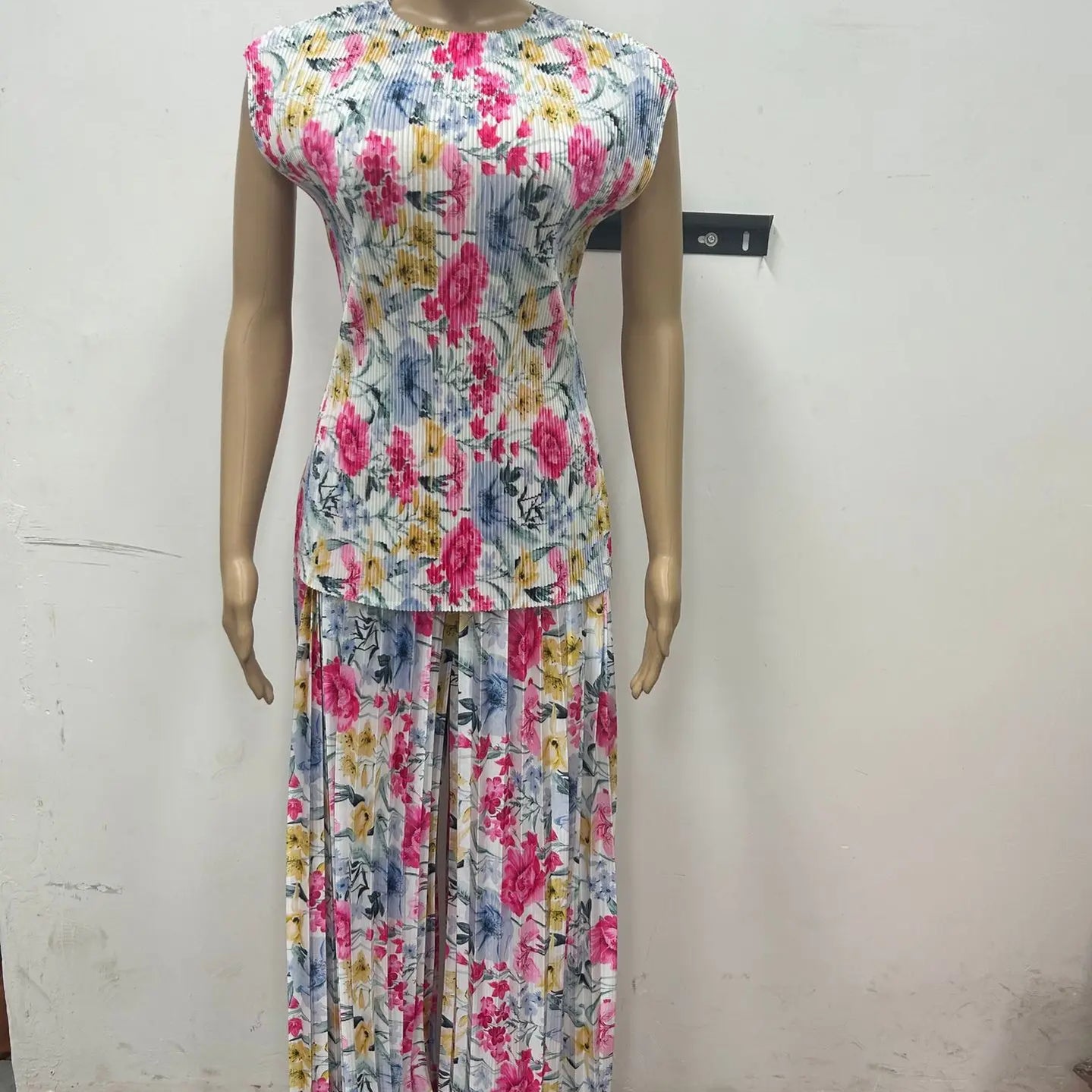 CM.YAYA Women Set Floral Print Short Sleeve Pleated T-Shirt + Wide Leg Pants 2025 Street Sexy Two 2Piece Sets Outfits Tracksuit