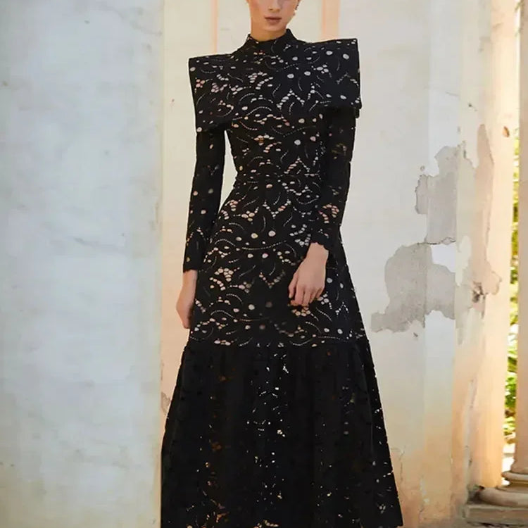 Elegant Hollowed Lace Maxi White Dress Women Fashion Mock Neck Long Sleeved Shoulder Padded Robes 2024 Evening Women's Clothing