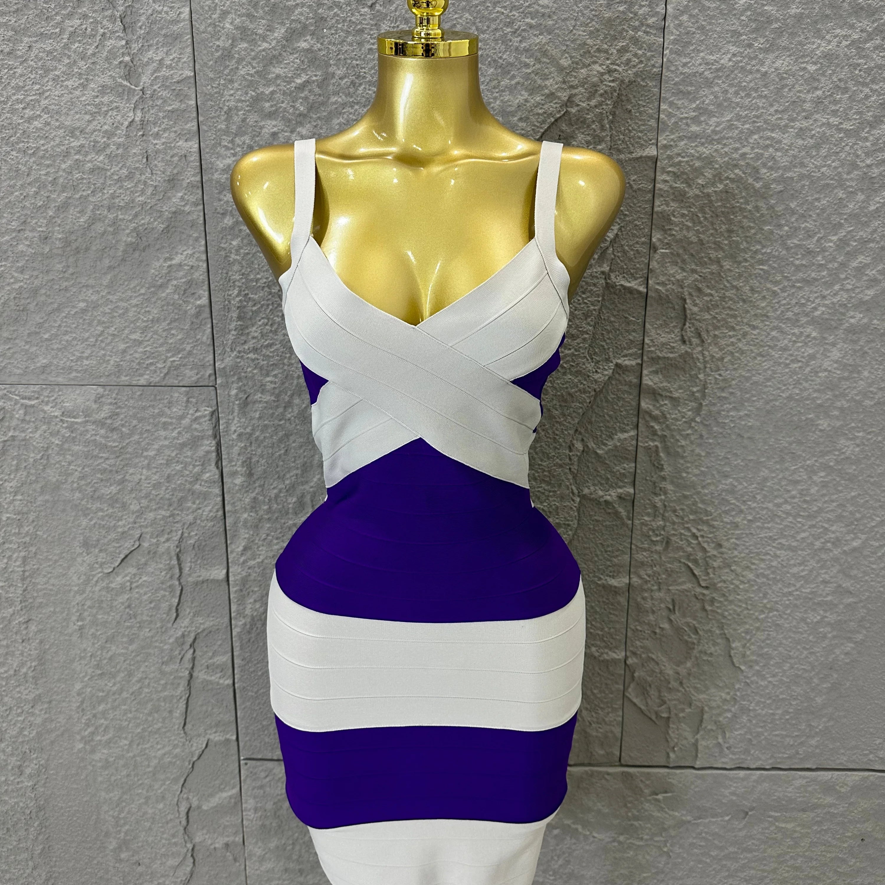 Chic Purple White Striped Bandage Dress Women Sleeveless Sweetheart Neck Bodycon Formal Office Casual Event Wear PURPLE