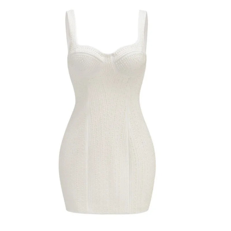 Women Sleeveless Sexy Strap Pearl Beading Bodycon Mini Dress Cute Girls' Birthday Party Celebrate Dress Wholesale Ivory