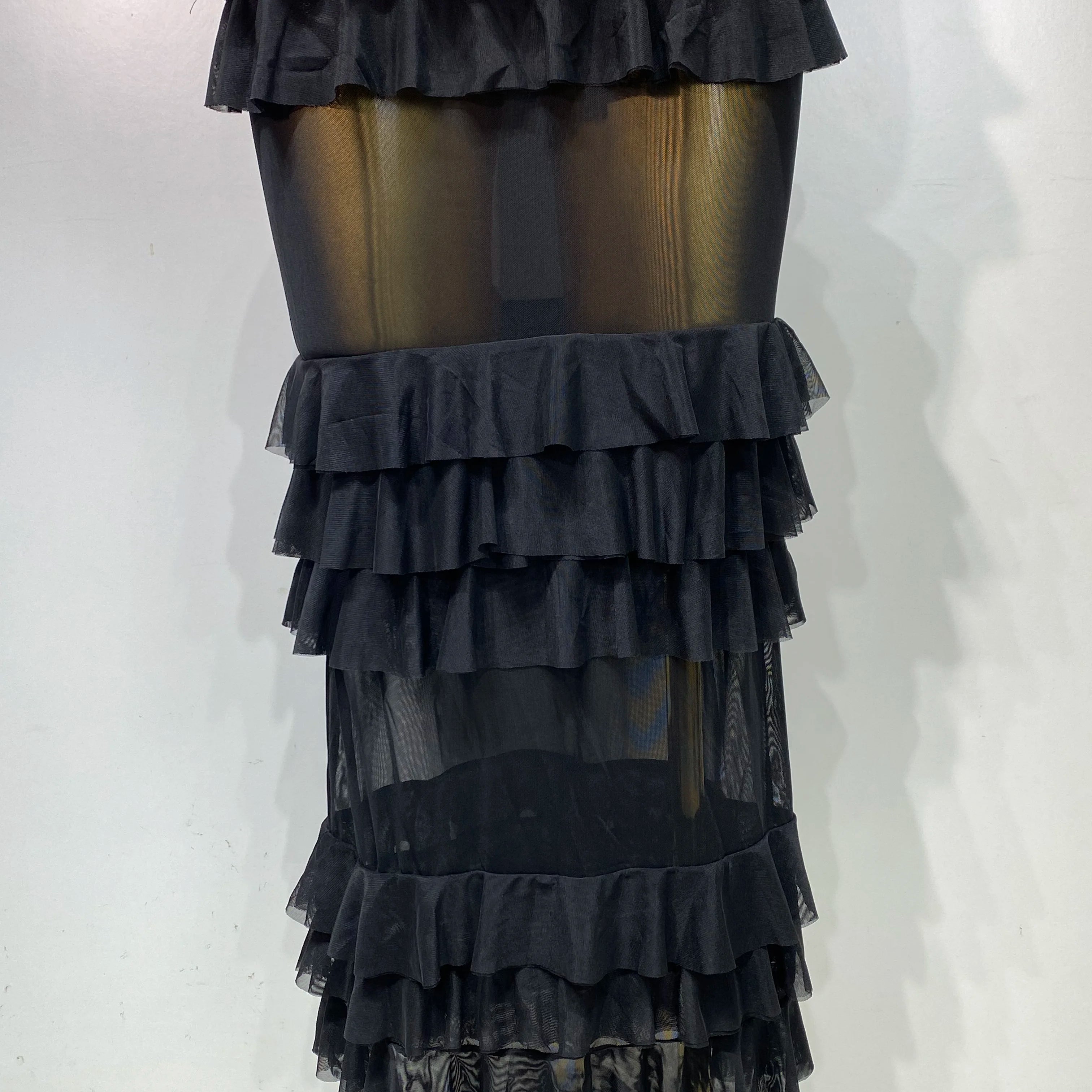 Women Sexy Strapless Ruffles Long Dress Black Backless Mesh See Through Design Dresses Evening Party Cocktail Birthday Dress