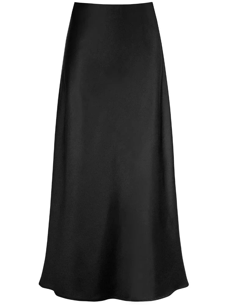 Women Satin Silk Skirts Summer Spring Korean Fashion Clothing Office Ladies Long Skirt Elegant Black Maxi Skirts for Women Black