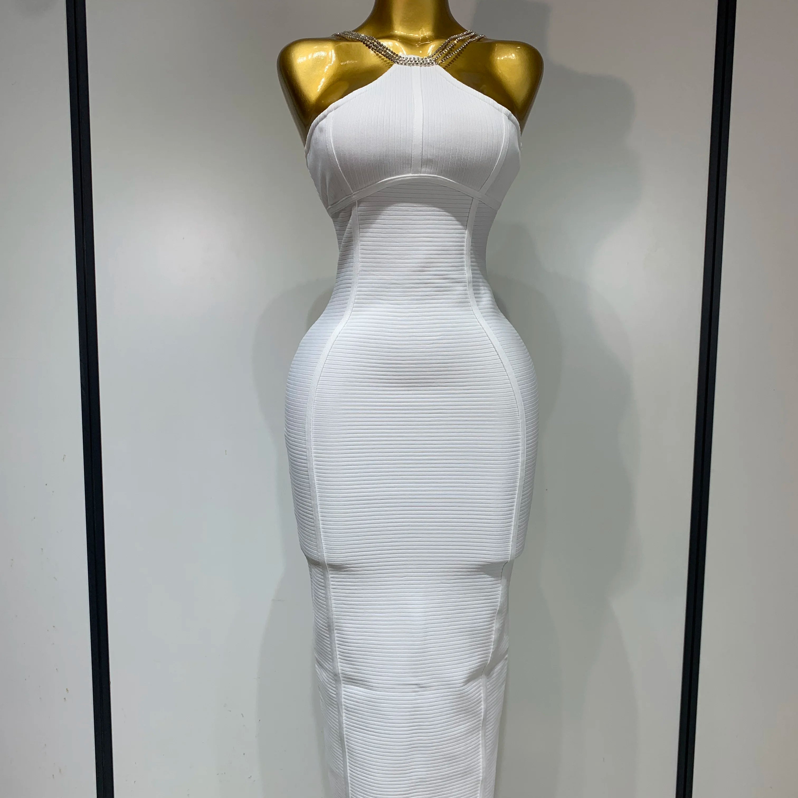 Sexy Sling Backless Crystal Diamonds Chain Bodycon Bandage Dress 2025 White Elegant Evening Club Luxury Birthday Party Dresses WHITE