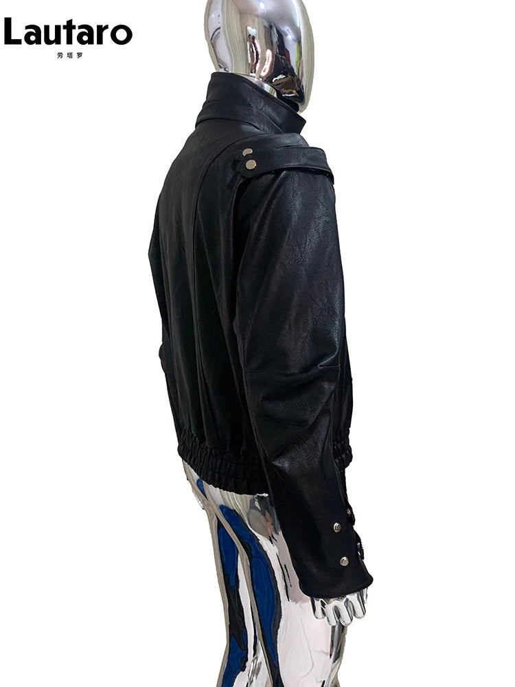 Mauroicardi Spring Autumn Cool Windproof Short Black Faux Leather Jacket Men Zipper Chic Luxury Designer Clothes Streetwear 2025