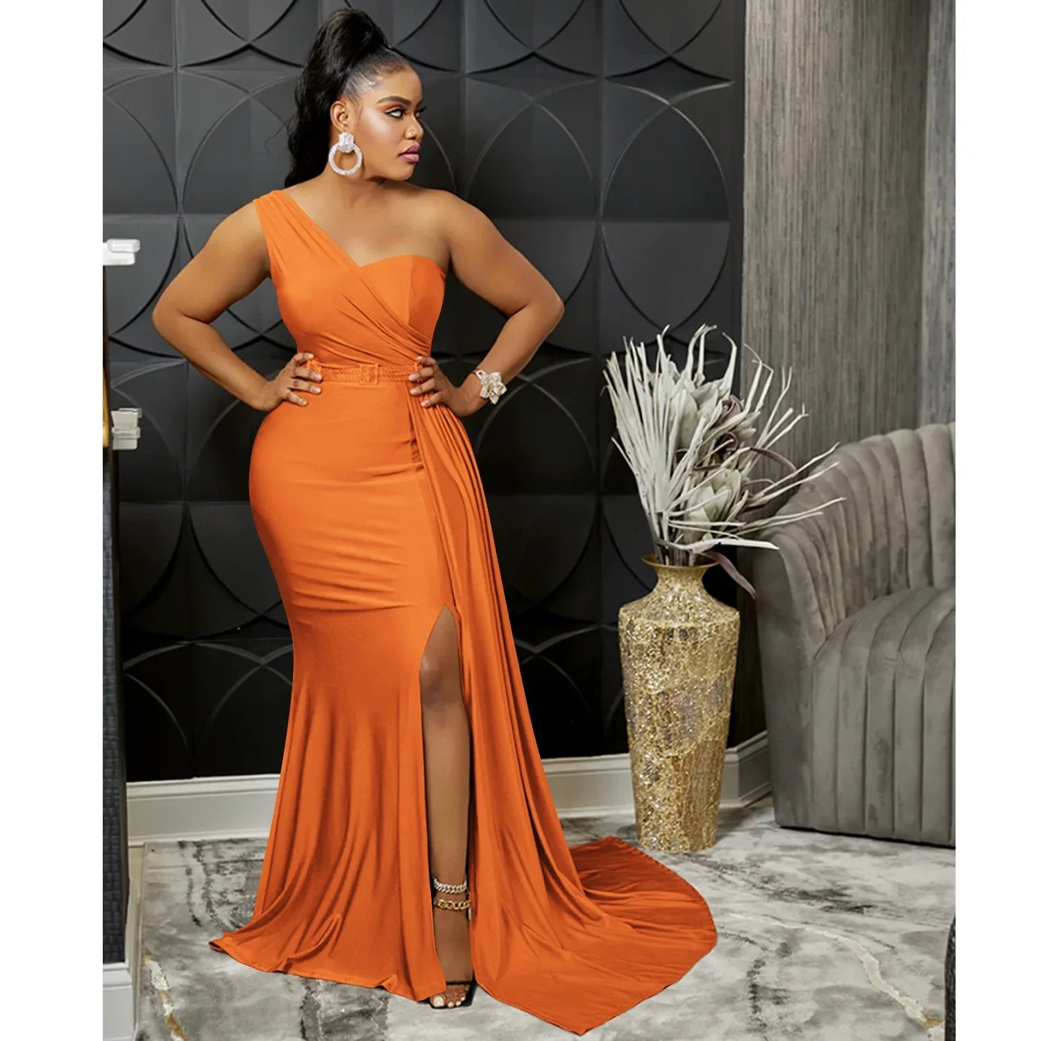 One Shoulder Skew Neck Tassel Side Floor Length Mermaid Long Maxi Dress Women 2022 Sexy Party Club Even Prom Dresses Orange